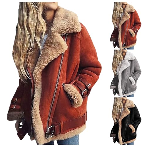 Kubbon Women Faux Fur Jacket Oversized Lapel Fleece Lined Sherpa Biker Moto Coats Casual Long Sleeve Faux Suede Outwear