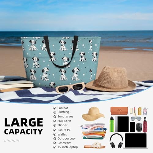 Large Beach Bags for Women Sandproof - Cute Spotted Puppy Dog Print Summer Travel Work Tote Bags with Zipper4