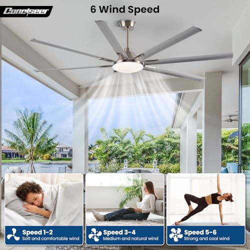 Conciseer Modern Ceiling Fans with Lights, 84 Inch Ceiling Fan with Light and Remote,Living Room Library Cafe Outdoor/Industrial, 3CCT 8 Aluminum Blades 6 Speed Reversible Quiet DC Motor, Sand-nickel - Image 6