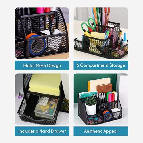 Image of The Better Home Desk Organizer | Metal Mesh Design | 6 Compartments & Small Drawer | Pen & Pencil Holder | Stationery Storage Box | Office & Study Table Organizer | Black