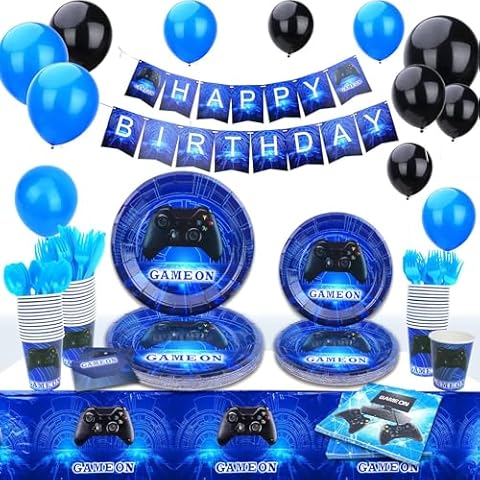 Video Game Party Decorations,Video Game Party Supplies Includes Banner, Plates, Cups, Napkins, Tablecloth,Gamer Birthday Decorations for Kids Cover
