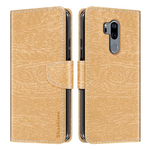 Shantime Funda Cartera de Cuero Compatible con LG G7 One, Tapa de Color con Ranuras, Cierre Magnético Protección Completa(Dorado)
