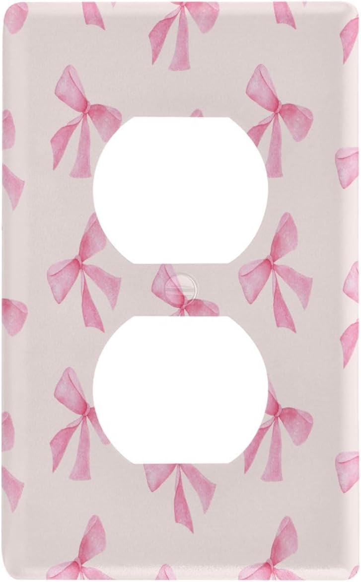 Blueangle Pink Bow Duplex Outlets Wall Plate, Standard Size 1-Gang Electrical Outlet Cover Plates for Home Office Bedroom Decorator 4.53 x 2.76 Inch
