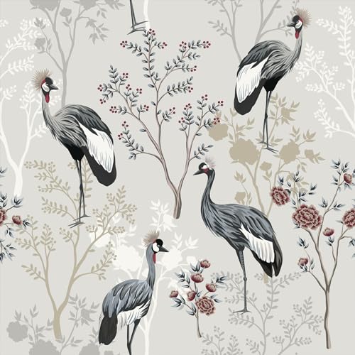 VEELIKE Wallpaper Flowers Beige Grey Chinese Crane Wallpaper Wall...