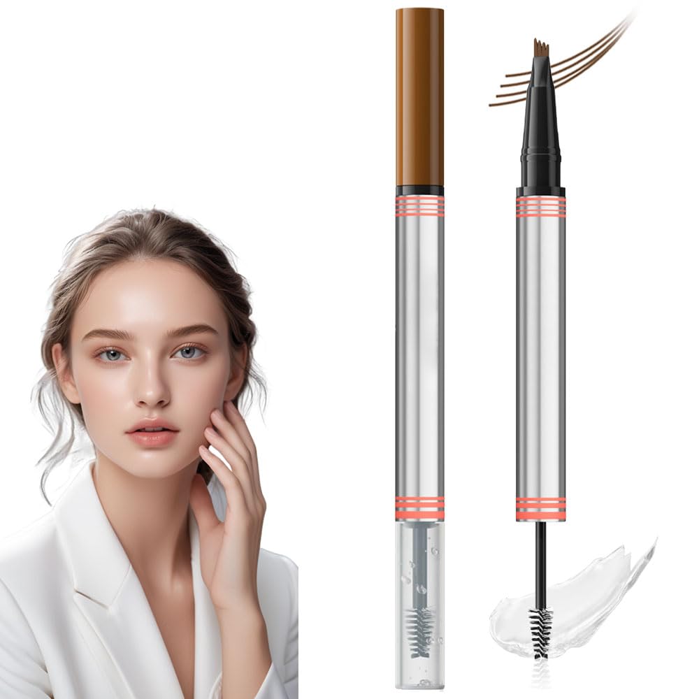 2-in-1 Eyebrow Pencil with Gel,2 PCS Waterproof Magic Eyebrow Pen,Dual-Ended 3D Microblading Eyebrow Pen with 4 Tip & Eyebrow Brush,Long-Lasting