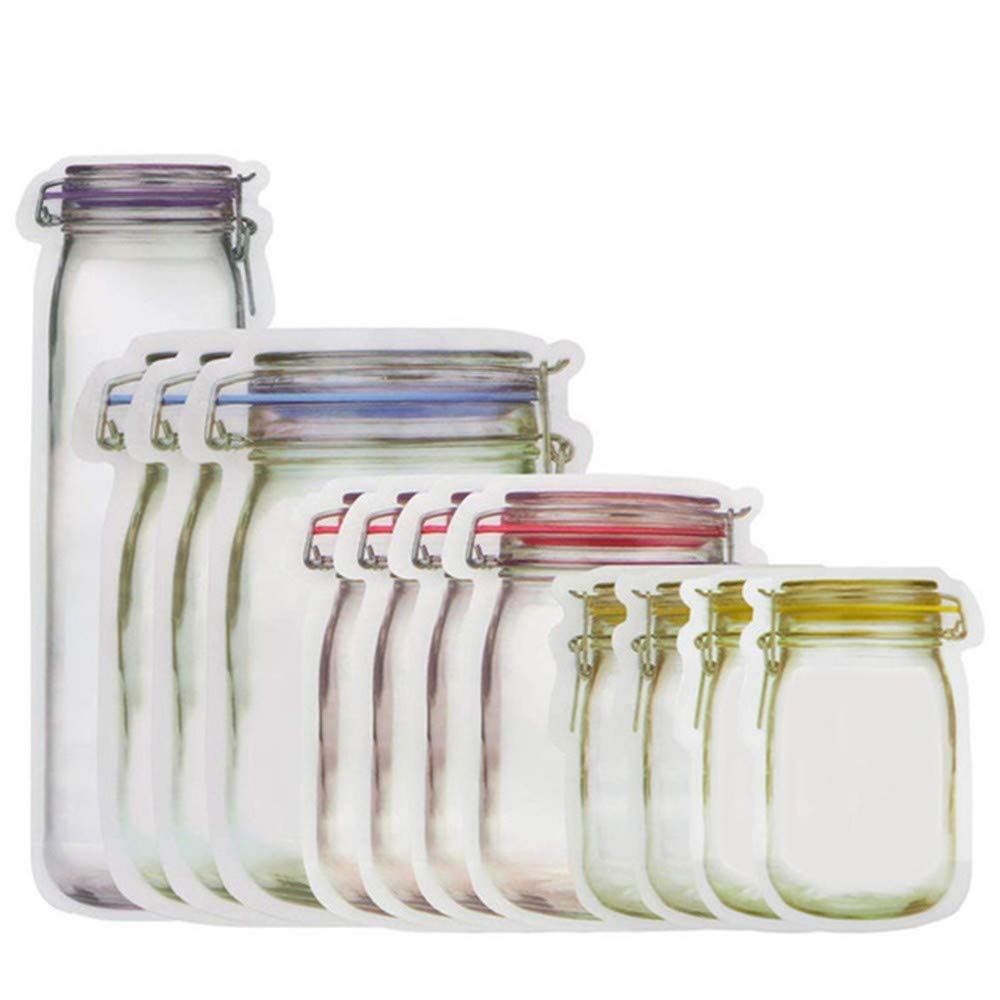 Mason Jar Bottles Bags, Reusable Food Saver Storage Bags Snacks Zipper Sealed Bags Fresh Bags (12PCS)