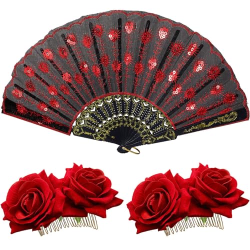 Patelai 2 Pcs Rose Flower Hair Clip Fan Flamenco Accessories Women,Red