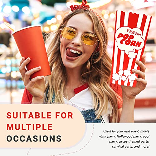 Image of 15 Movie Night Popcorn Paper Boxes Buckets 7.75 Inches Tall Large & Holds 46 Oz Old Fashion Vintage Retro Party Design Red & White Colored Nostalgic Carnival Stripes Bags & Tubs various qty avail