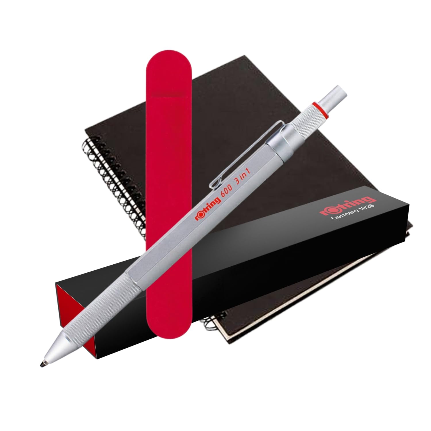 rOtring 600 penne e portamine multicolore 3 in 1, fusto in argento, penna a sfera (inchiostro nero e rosso) + matita da 0,5 mm, confezione regalo, quaderno a spirale A5 + sacchetto di velluto