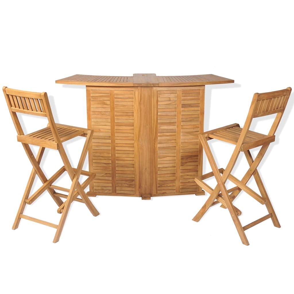 Set da bistrot in legno massello teak, sedie pieghevoli con schienali, tavolo con foro per ombrellone, portabottiglie, per giardino e terrazza