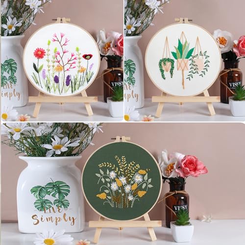 Image of Offizon 3 PCS Embroidery Kit for Beginners Stamped FlowerD Pattern | Cross Stitch DIY Craft Set, Hoop Included, Flower Embroidery Accessories, Stitching Sewing Kit Gift for Adults