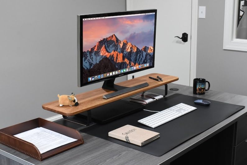 carpentray Solid Wood 100cm Monitor Stand Riser, Large Wood Computer Monitor Riser, Extra Long Monitor Stand for 2 Monitors with Storage Steel Legs (Brown Top)-image-19