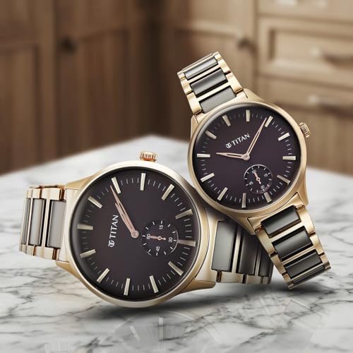 Image of Titan Modern Bandhan Pair Analog with Black Dial Ceramic and Rose Gold Stainless Steel Strap Watch for Couples - 9401394213KD01