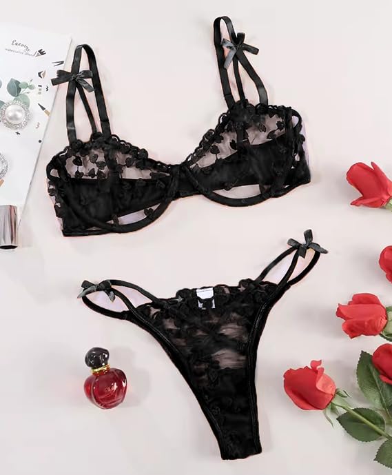 SHEKINI Completo Intimo Donna Sexy Lingerie Push up Reggiseno con Ferretto e Perizoma Tracolla Regolabile Hot Trasparente Brassier e Thong Elegante 2 Pezzi