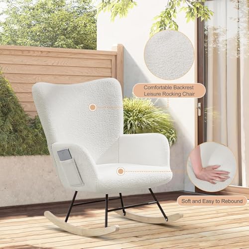 Vecelo RC02-WHT Rocking Chair, Modern Upholstered Teddy Fabric Nursery Glider thumb #5