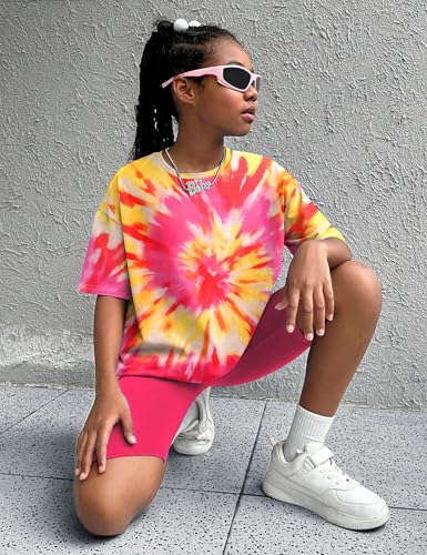 Image of Teen Girls Clothes 2 Piece Colored Tie Dyer Girls Summer Outfits Short Sleeve Fashion Printed T-Shirt and Pants