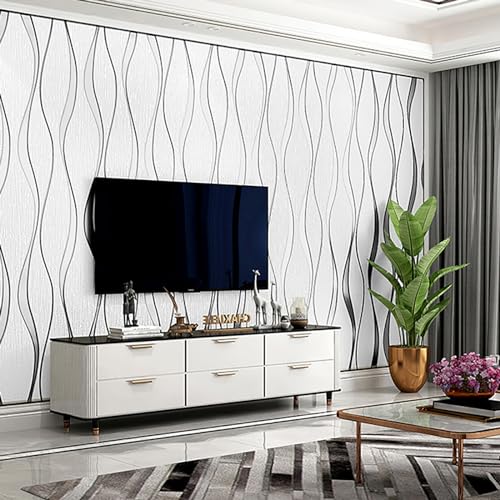 Trafagala 0,53m x 9.5m Weiß Tapete Vliestapete 3D Modern Minimalistisch Wallpaper mit 3D-Wellen Leicht Glänzend - Streifentapete Wanddekoration in Wohnzimmer, Schlafzimmer und Büro
