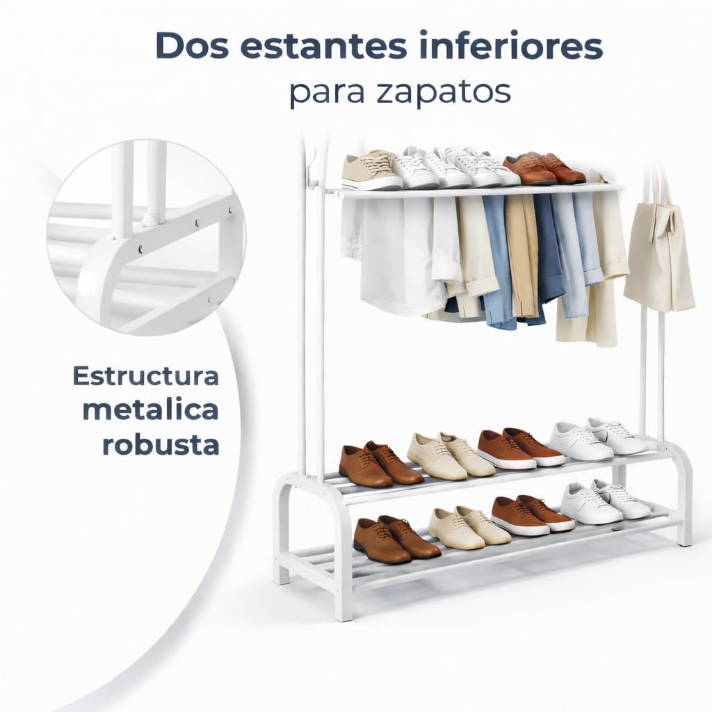 T-LOVENDO.ES Perchero Burro Doble Ropa Metálico Negro con Zapatero Inferior | Estante con Estructura Curva | Barra Colgador Resistente | Dormitorio Vestidor Entrada Organizador de Ropa y Zapatos — view 4