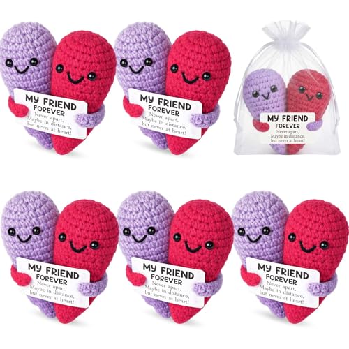 Soulchen 6 Pcs Friendship Gift for Women Long Distance Friendship Crochet Heart Best Friend Birthday Gifts White Elephant Present for Bestie BFF, Handmade Stuff Desk Decor(Red and Purple)
