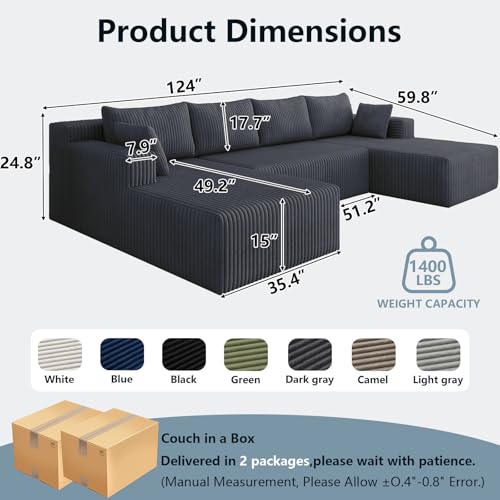 Image of 124 inch Boneless Cloud Couch Sectional Couches Sofa for Living Room | Modular U-Shaped Couch, Comfy Modern Corduroy Memory Foam Sofas with Deep Seat, Ottoman, Oversized Chaise (Dark Grey)