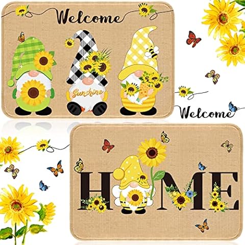 2 Pcs Sunflower Gnomes Doormat Non Slip Sunflower Gnomes Rug Sunshine Decorative Entrance Door Mat Tomte Indoor Outdoor Floor Mat for Indoor Outdoor Home Kitchen Front Door Decor, 23.62 x 15.75 Inch Cover
