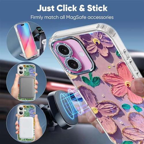 Image of Elzzi Compatible with iPhone 16 Case Laser Flower Oil Painting, Cute Colorful Blue Ray Bumper with Full Camera Protection Shockproof PC+TPU Glossy Shiny Phone Cover for Girls Women (Pink & Purple)