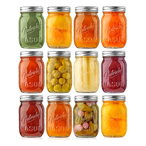 NutriChef 12-Pack 16 oz Mason Jars with Lids - Thick