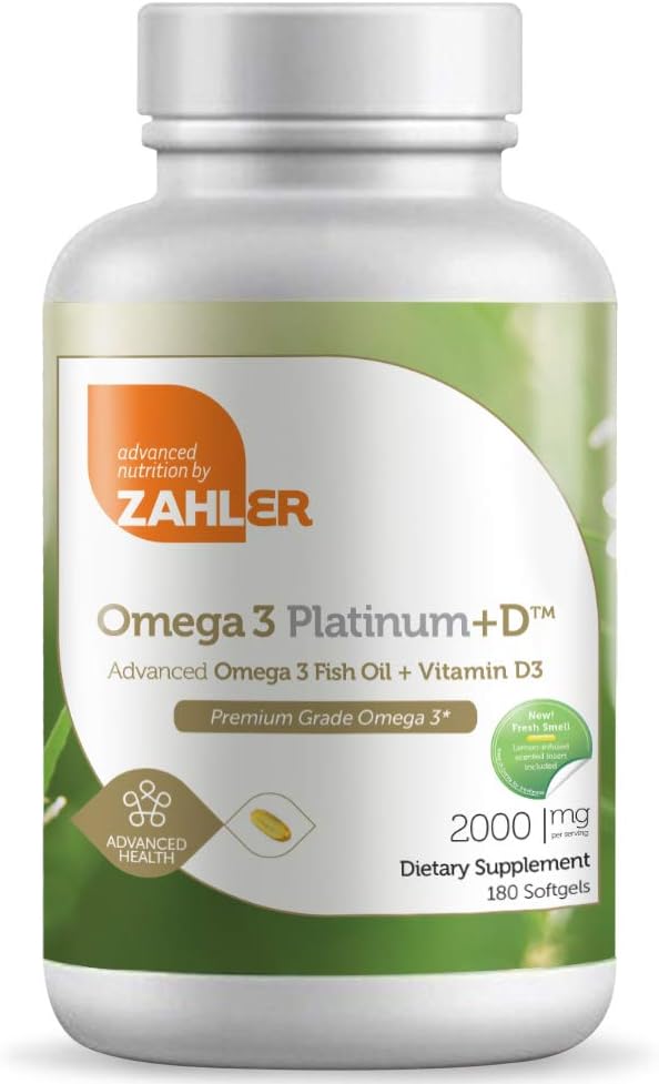 Zahler Omega 3 Platinum +D, All-Natural Pure Fish Oil Supplement, Burpless Softgel with No Fishy Aftertaste, Highest in EPA and DHA, Certified Kosher, 90 Softgels