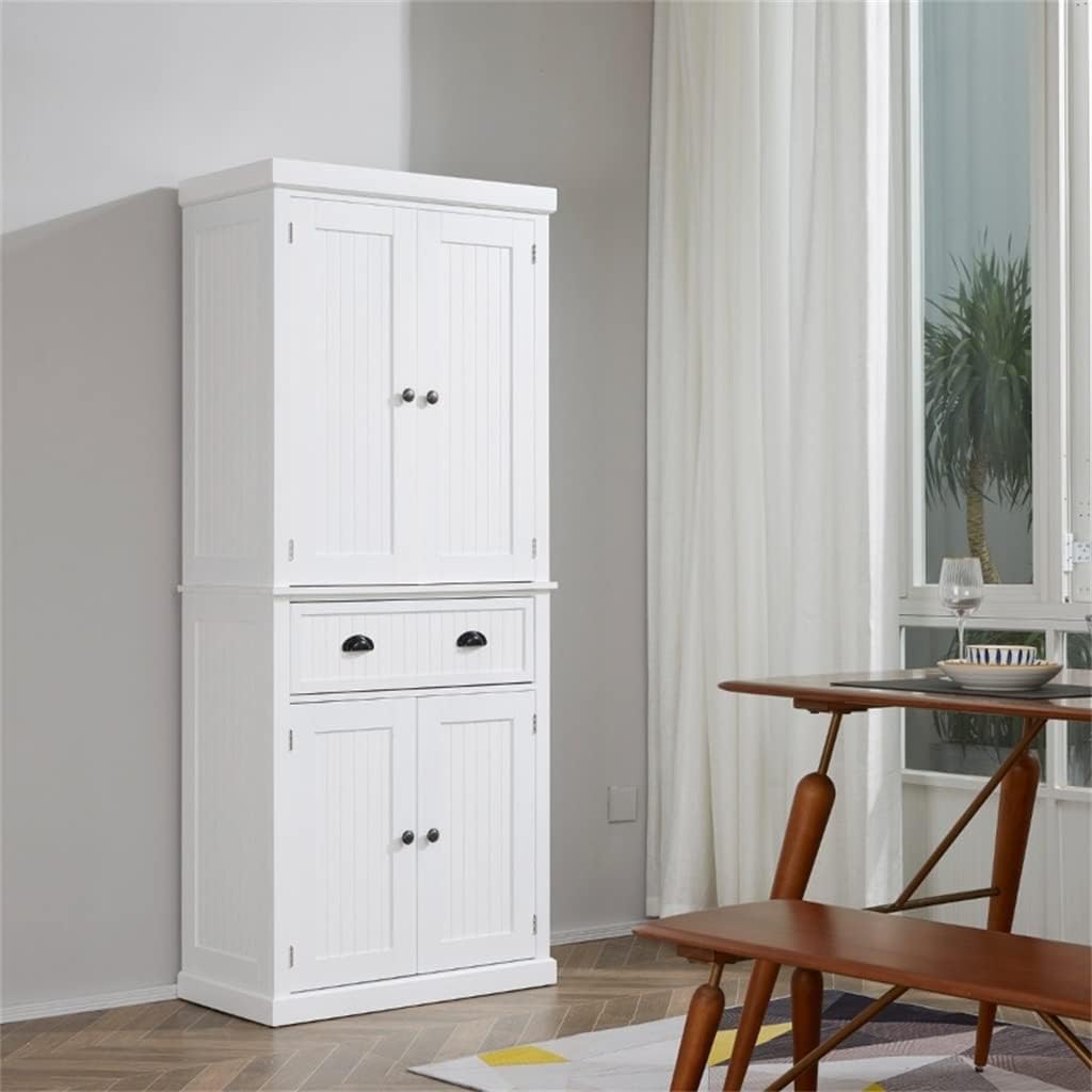 72" Sideboard Traditional Freestanding Kitchen Pantry Cabinet Cupboard with Doors and 3 Adjustable Shelves, White (D As Shown)