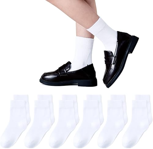 Miniatura 7 de Marchare Calcetines para niñas sin costuras, calcetines escolares de algodón, color blanco, negro, gris, azul marino, paquete de 6