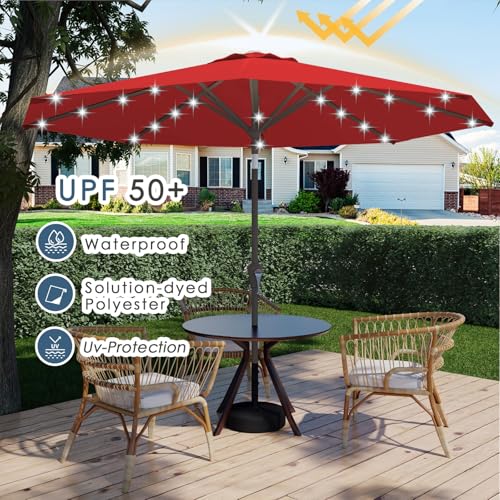 Image of 9FT Patio Umbrella with Solar Lights,Outdoor Market Umbrella with Tilt and Crank, LED Lighted Table Umbrella for Garden,Deck,Backyard,Pool,Beach (Red)