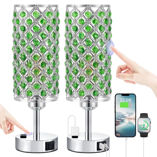 Image of Hong-in Green Crystal Lamp Touch Control Set of 2, Crystal Table Lamps with USB C+A Ports & AC Outlet, 3-Way Dimmable Nightstand Touch Lamp, Modern Bedside Table Lamp for Bedroom(Bulbs Included)