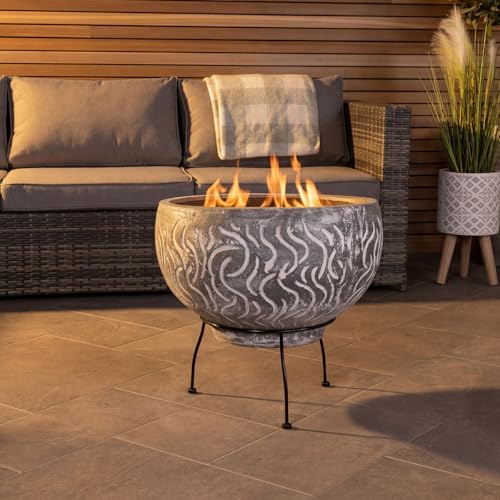 CHARLES BENTLEY Outdoor, Garden, Patio, Grey Clay Firepit Bowl, BBQ Grill Included, Multifunctional Heater, Rustic Finish, Contemporary Design, Easy To Use & Clean (58x36cm)