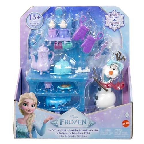 Mattel Disney Die Eiskönigin Olaf-Puppe mit Zubehör, Leckereien-Schlitten mit Olaf-Puppe, Verkaufswagen, Speisen und mehr, inspiriert von Die Eiskönigin: Winterfest“, JBG55