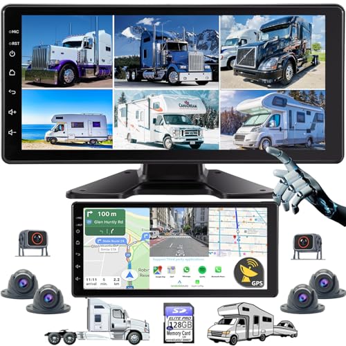 GPS Navigation 6 Split Touchable Screen Car Stereo with Carplay 128GB Large 1080P Image 10.36 Inch Monitor Backup Camera Built-in DVR for RV Truck Trailer Rear Side Front View Wired System RGPS6