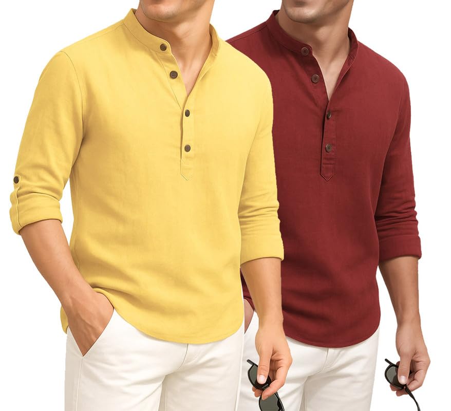 Image of DEELMO Combo of Men's Cotton Blend Solid Regular Fit Full Sleeve Short Kurta | Men's Trendy Short Kurta Pack of 2