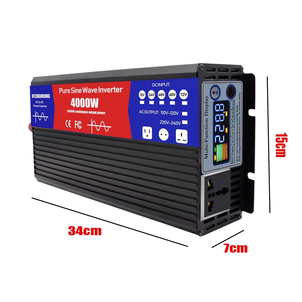 Przetwornica mocy 4000W czysta fala sinusoidalna DC 12V/24V/48V/60V/72V na AC 110V/230V, do użycia w domach solarnych poza siecią, kamperach i ciężarówkach,12V to 110V 50HZ