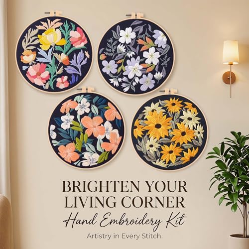 Image of Harimau Adult Beginner Embroidery Starter Kit, Complete Set with 4 Patterns, 2 Hoops, Needles, Scissors, Instruction Guide & Stitching Video Tutorials