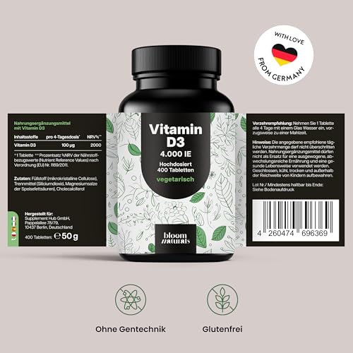 Vitamin D3 4000 IE hochdosiert - 400 Tabletten - vegetarisch & produziert in Deutschland - Verpackung kann variieren