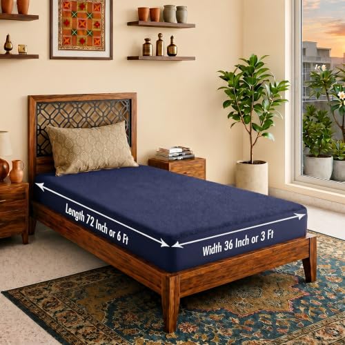Image of Lithara Terry Cotton Fitted Mattress Protector for Single Bed | Waterproof & Elastic Band | Ultra Soft & Hypoallergenic Mattress Cover | Size : 36 x 72 Inches (3 x 6 Feet) | (Navy Blue)