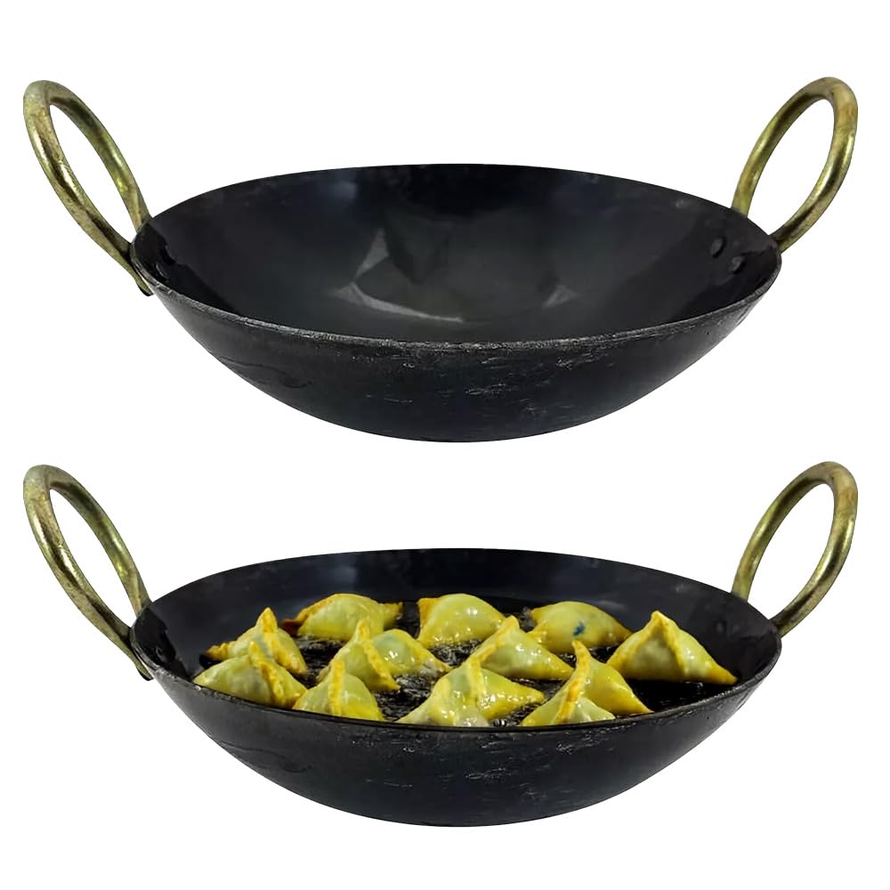 BARGAINS-GALORE Iron Frying Pan Wok Karahi Dish - Kadahi Heavy Duty, Round Base | Deep Handmade Balti Dishes, Multi Purpose Serving Pans, 5 Different Sizes Ideal for Home & Restaurant (10")