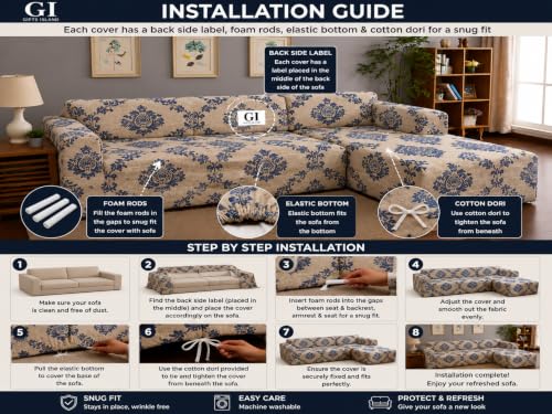 Image of Gifts Island Premium 160GSM Super Soft Beige Damask Stretchable Sofa Cover L Shape 7 Seater Fully Covered | Suitable for Both Left and Right Side Chaise Sofa (Beige Damask, 4+3 Seater)
