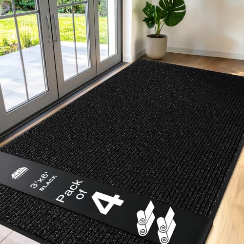 FloorGuard 4 Pack Black Commercial Door Mat 3'x6' Heavy Duty Industrial Floor Mat for High Traffic Areas, Nonslip Rubber Backing, Large Door Mat for Indoor Entrance or Business Entryway, by FloorGuard - Used condition - US$227.29