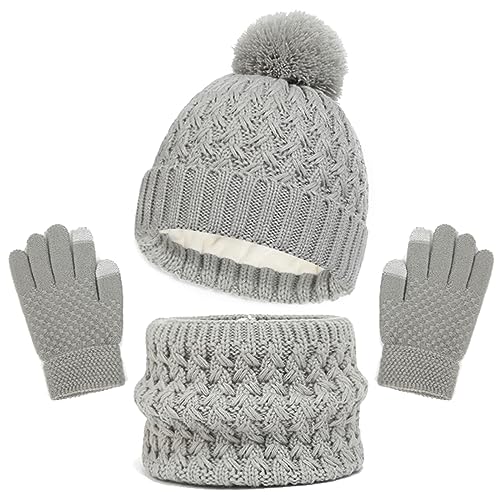Baynetin Invierno Conjunto de Guantes de Bufanda de Gorro para Niños, Forro de Lana Niña Invierno Calentar Gorro Bufanda Sombrero Bufandas Guantes Tactiles Set para Niños Niñas 2-8 Años (Gris)