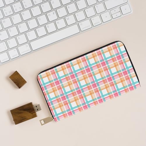 Wallet Women - Pink Yellow Plaid Print Leather Wallet for Women with Zipper, Cute Bifold Long Ladies Wallets4
