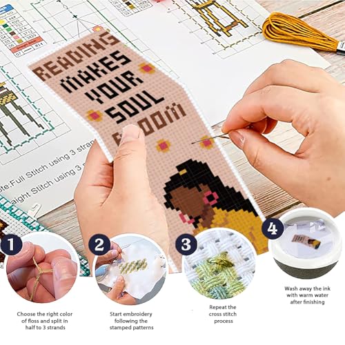 Image of ACRNIGHEET 6PCS Cross Stitch Bookmark Kit for Beginner Women Reading Stamped Cross Stitch Kits Needlepoint Kit for Adults DIY Tassel Embroidery Bookmark Kits with Instructions Craft Gift 8.5 inchx3 inch 11CT
