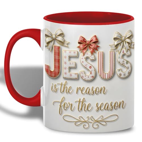 Jesús Es La Razón De La Navidad Con Cuadros Rojos Y Lazos Dorados Mug Con Asa Tazas De Desayuno Chic Taza De Café Para Leche Hogar Escuela 330Ml