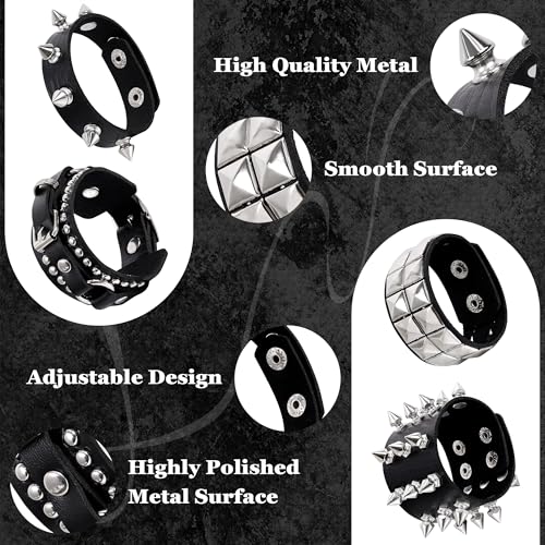 4Pcs Spiked Studded Bracelet Black Leather Punk Bracelet Cuff for Men Women Adjustable Metal Wristband Gothic Accessories4