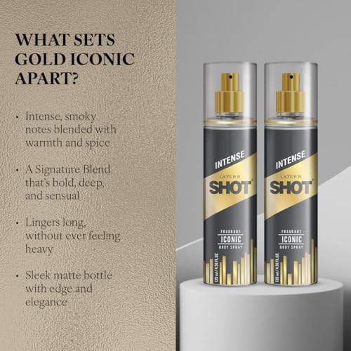 Image of Layer'r Shot GOLD Iconic Body Spray For Men 2 x 135ml Each | Long Lasting Premium Fragrance With Spicy & Citrus Notes | Perfect For Body & Clothes | Ideal For Daily Use | Gift For Men