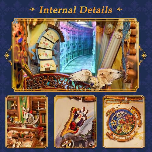 Image of Tonecheer DIY Book Nook Kit for Adults, 3D Wooden Puzzle Bookend Miniature House Kit, Booknook Bookshelf Insert Decor with Dust Cover and LED Lights Gifts (Magical Library)